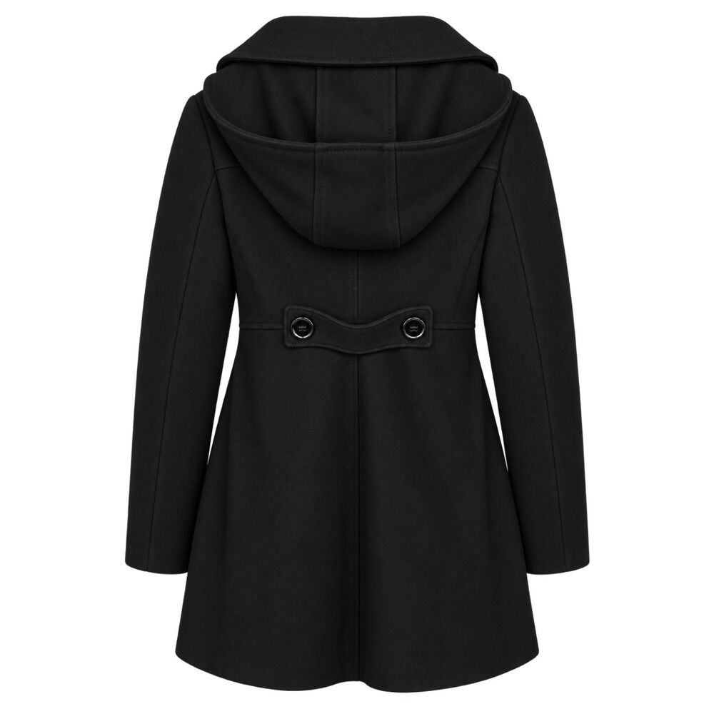Kenneth Cole New York Black Wool Blend Swing Coat Size 8 Hooded Funnel Neck - Picture 2 of 8